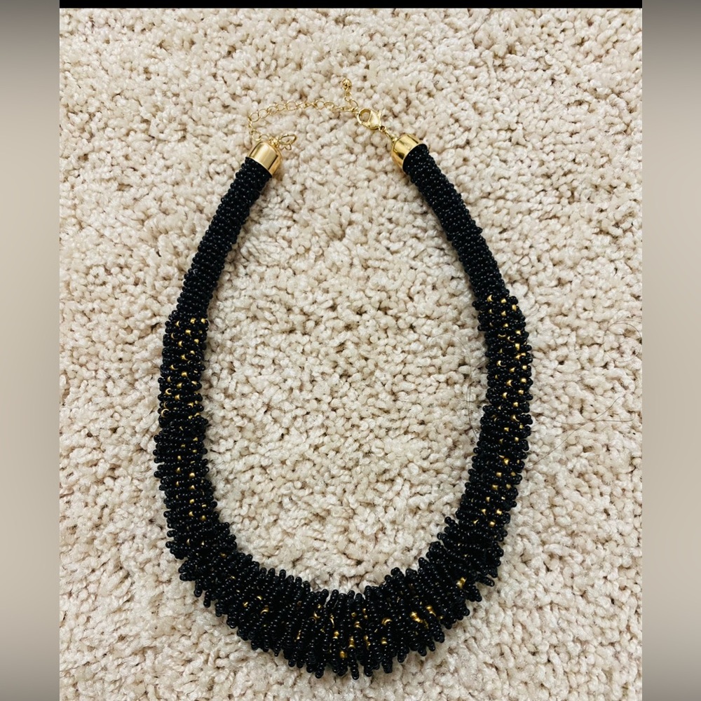 Gold tone black beaded collared necklace